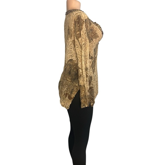 Chico’s 100% Silk Floral Sheer Jeweled Neckline Blouse Brown - Picture 5 of 10
